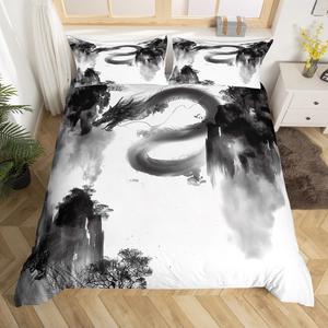 Erosebridal Комплект постельного белья Black White Dragon в японском стиле с рисунком дракона и сосен, Multi 13