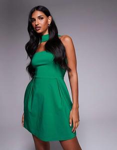 Мини-платье Vesper bengaline с чокером и плиссировкой спереди изумрудного цвета