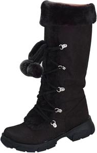 Женские зимние высокие ботинки Keilinia, удобные с боковой молнией, комбинированные из замши, с плюшевым шариком, шнуровкой и воротником, ботинки в стиле рыцаря, Black