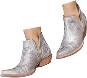 Женские ботильоны с модным дизайном бохо, зауженный носок, V-образный вырез, на толстом среднем каблуке, короткие ботинки до щиколотки, удобные для прогулок, пляжных поездок и путешествий Generic, Silver