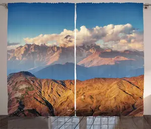 Шторы ABAKUHAUS "Деревенский пейзаж", "Европейские горы", универсальные, для гостиной, с петлями и крючками, 280 x 245 см, коричневый, синий, белый Abakuhaus