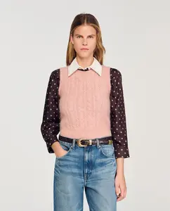 Женский безрукавный джемпер с плетеным узором Sandro, розовый