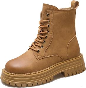 Женские кожаные ботильоны на платформе с круглым носком, шнуровкой, массивным каблуком и грубой подошвой, с боковой молнией ZLNMLD, Brown