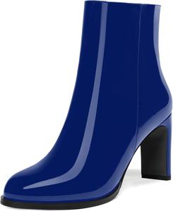 Женские ботильоны с круглым носком из лакированной кожи с молнией, на высоком каблуке 3,3 дюйма DEMOSHINE, Royal Blue