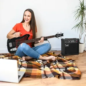 Бас-гитара Glarry GIB 4 струны, красный перламутровый корпус с накладкой / черный + усилитель