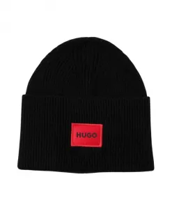 Вязаная шапка в рубчик с нашивкой-логотипом Hugo, черный
