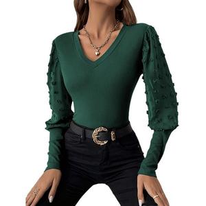 Женский шифоновый топ с пэчворком, V-образным вырезом и длинными рукавами Yesfashion, Dark Green