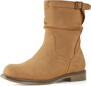 Женские сапоги Shoe'N Tale средней длины с низким каблуком, свободным голенищем и круглым носком, с боковой молнией, Brown Suede