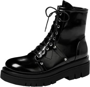 Женские боевые ботильоны Uniquelly с массивным каблуком, лакированная кожа, платформенные ботинки, шнуровка, круглый носок, модная зимняя обувь, Black