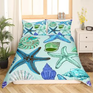Erosebridal Комплект постельного белья Starfish Duvet Cover с тропическими морскими ракушками и морскими животными в стиле масляной живописи, Teal Blue Green