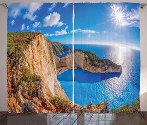 Штора в греческом деревенском стиле ABAKUHAUS, Навагио на острове Закинф, присборенная штора для спальни с петлями и крючками, 280 x 225 см, цвет лазурно-голубой и белый Abakuhaus