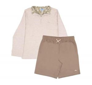 Детский комплект одежды: рубашка с длинными рукавами и молнией до середины груди, шорты Tommy Bahama, Cream/brown