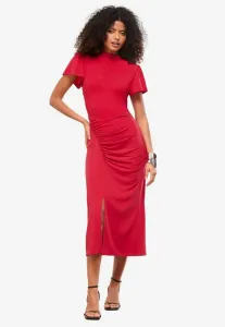 Платье-Миди из трикотажа с высоким воротником и присборенными короткими рукавами, укороченное, приталенного кроя. Lipsy, Red