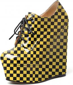 Женские ботильоны AUMOTED на танкетке, круглый носок, платформенные короткие ботинки, для свиданий, из лакированной кожи, с шнуровкой, на танкетке 15 см, на молнии, удобные, Checkered Yellow