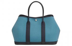 HERMES Сумка садовая джинсовая синяя из холста с кожаными вставками