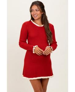 Черное мини-платье для беременных из ребристой вязки с контрастной оборкой Pinkblush, Red