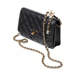 Блестящая кожа ягненка плечевая сумка, через плечо мини кошелек женская черный CHANEL