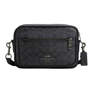 COACH Кожаный мессенджер Элиас с гладкой телячьей кожей и покрытием из холста среднего размера мужской угольно-серый и черный