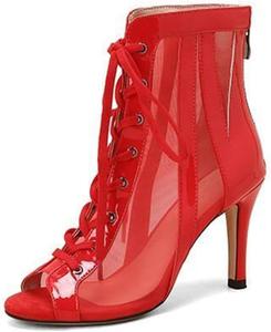 Женские джазовые модерн-латинские танцевальные ботильоны с открытым носком из сетки на шнуровке LITNERMIA, Xz082/Rubber Red