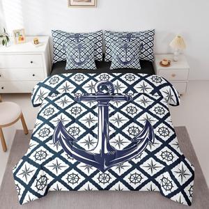 Erosebridal Морской комплект постельного белья Nautical Anchor в синем цвете с якорем и компасом, Blue White