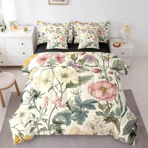 Erosebridal Комплект постельного белья Floral Vintage с принтом цветов и листьев в стиле бохо, Beige Green