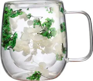 Кружка стеклянная двухстенная, прозрачная, с цветочным узором, широким горлом, с ручкой, термокружка для кофе, чая и шоколада объемом 250 мл. Bremen