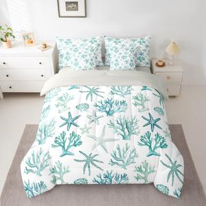 Erosebridal Комплект постельного белья Shell Coral Starfish с простынями, летний прибрежный дизайн, морская тематика для детей и взрослых, украшение спальни в стиле океанской жизни, Light Green and White