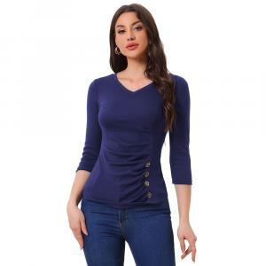 Женская однотонная блузка с V-образным вырезом и рукавами 3/4, вязаный топ с рюшами и пуговицами ALLEGRA K, цвет Navy Blue