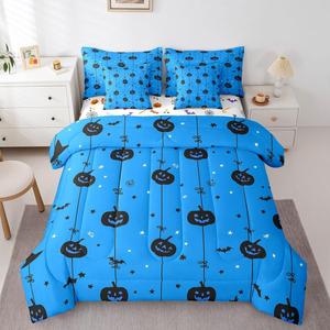 Erosebridal Комплект постельного белья Halloween Pumpkin Decor King с веселыми тыквами и светящимися элементами, мультяшный дизайн, Blue