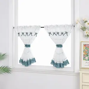 Шторы для кухни Cafe Curtains, синие клетчатые, с карманами на штанге, с синими бантами и ремешками, 1 шт., ШxВ 140x160 см Joyswahl