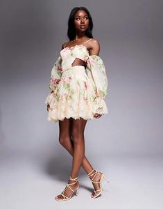 Платье-мини ASOS LUXE с принтом, кружевом и цветочным принтом цвета сливочного масла