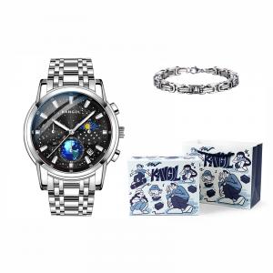 KANGOL Часы Trendy Time Steel Heart Black Warrior Quartz Movement Stainless Steel Watchband Watch Men's Watch Black Dial, Starry Black Steel Band[Hip-Hop Gift Box II]