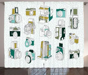 Штора в деревенском стиле Папарацци от ABAKUHAUS, винтажные фотоаппараты, присборенная штора из ленты для спальни с петлями и крючками, 280 x 225 см, цвет морской волны и хаки Abakuhaus