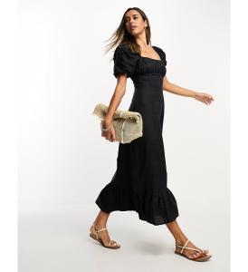 Черное льняное платье мидакси с пышными рукавами и разрезом & Other Stories