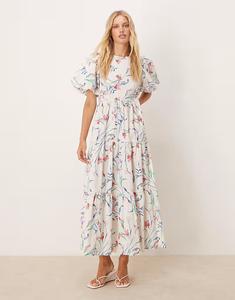 Платье-миди YAS с цветочным принтом и пышными рукавами кремового цвета
