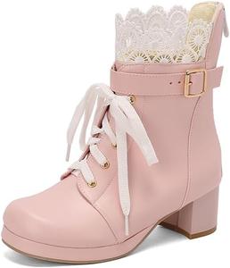 Женские сладкие кружевные ботинки с массивной подошвой, ботильоны на шнуровке, платформенные, для косплея, панк обувь Generic, Pink