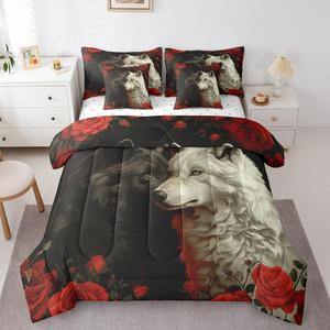 Erosebridal Комплект постельного белья Couple Wolf Full с романтичным цветочным принтом из джунглей, Red White Black