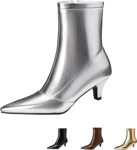 Женские стильные короткие ботильоны из мягкой кожи на невысоком каблуке «kitten heel», модные, удобные, с заостренным носком и боковой молнией, для осени и зимы, на низком шпильке, для работы, вечеринок и свадеб NSNEOND, Silver