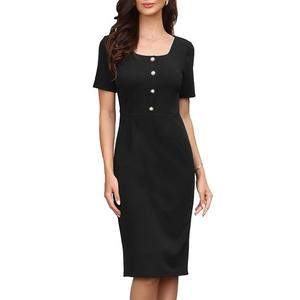 Элегантное платье для женщин с коротким рукавом, квадратным вырезом и пуговицами для работы и повседневной носки Inspire Chic, Black