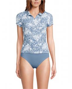 Женская футболка-рашгард SunShade UPF 50 с коротким рукавом из пике с воротником-стойкой Lands' End, Dusk sky meadow ditsy floral