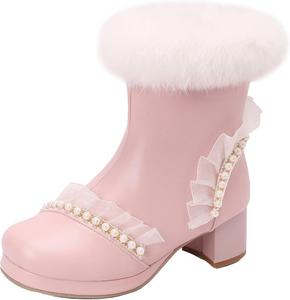 Женские ботильоны на устойчивом каблуке с застежкой-молнией, украшенные бисером и кружевом для создания различных зимних модных образов XIEPP, Pink