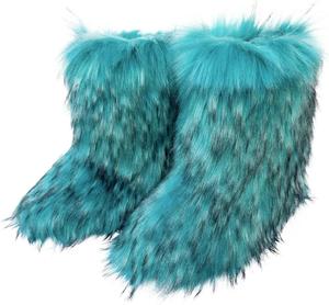 Женские ботинки с искусственным мехом: зимние теплые пушистые сапожки с круглым носком из замши, уютные снежные ботинки, плюшевые, для вечеринок, свадеб и клубной обуви Generic, Blue