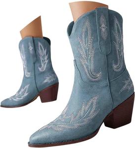 Ковбойские сапоги для женщин Женские вестерн ботильоны с острым носком Низкий массивный каблук Вышивка Классические короткие сапоги Модные женские сапоги с широким голенью Каблуки-шпильки Сапоги без застежки Generic, Blue