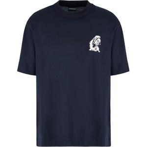 Футболка из джерси с добавлением лиоцелла с вышивкой французского бульдога EMPORIO ARMANI, морской синий