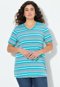 Футболка Ulla Popken COLORFUL STRIPED SHORT SLEEVE V-NECK, Deep Aqua/Blue