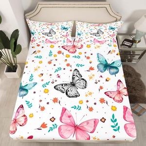 Erosebridal Комплект постельного белья Kawaii в пастельных тонах с бабочками и цветочным принтом, Pink Blue