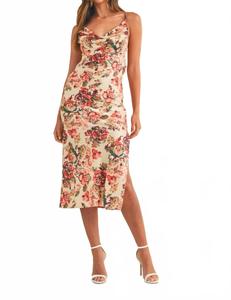 Кремовое миди-платье Kendra с сатиновым цветочным принтом, шнуровкой на спине и капюшоном MABLE