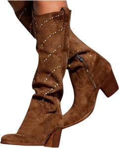 Женские сапоги Bcshiye до колена с широким голенищем, средней широкой колодкой, зимние, замшевые, с боковой молнией, вестерн-стиль, ковбойские, Brown