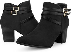 Женские ботильоны Allegra K с ремешками, заостренным носком, пряжкой и массивным каблуком, Black