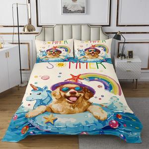 Erosebridal Комплект постельного белья Summer Beach с золотистым ретривером и радужным единоргом в синих морских волнах, Blue Yellow